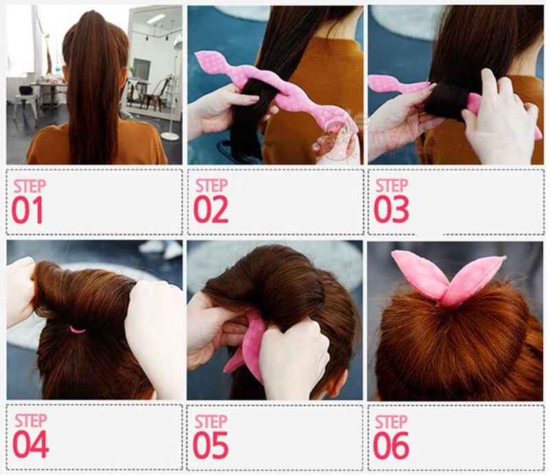 LOVEF 6Pcs Women's Korean Magic Cute Rabbit Bunny Ear Sponge Hair Styling Tools Polka Dot Bow Bun Maker Curler Twist for Ponytail - Image 4